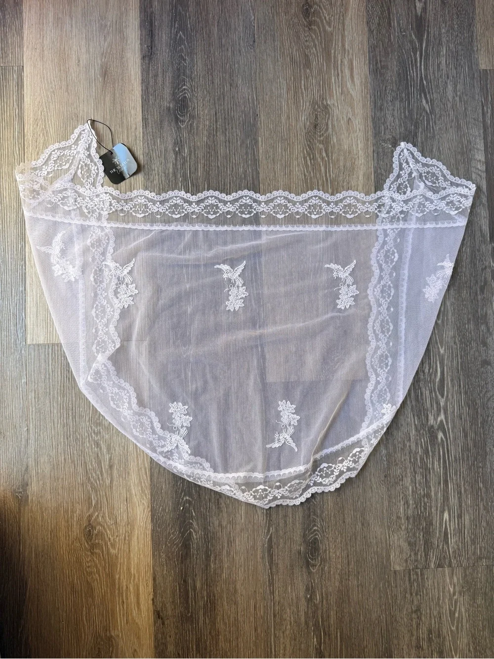 Delicate Vintage White Lace Bridal Veil or Scarf with Floral Appliqués